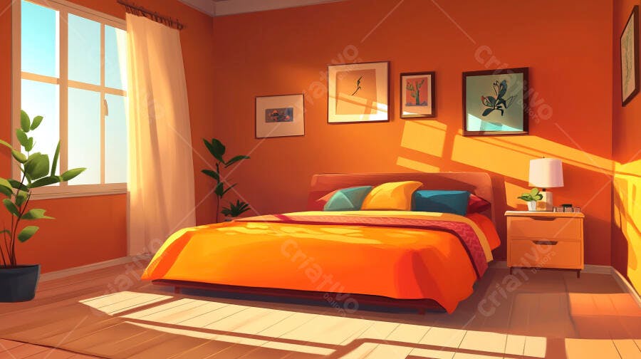 Quarto Moderno Cama Laranja Luz Solar Iluminação Natural