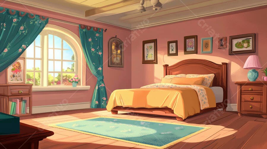 Quarto de Desenho Animado Estilo Anime Rosa e Amarelo