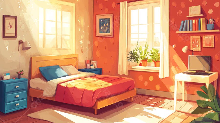 Quarto Aconchegante Ilustração com Cama e Janela Ensolarada