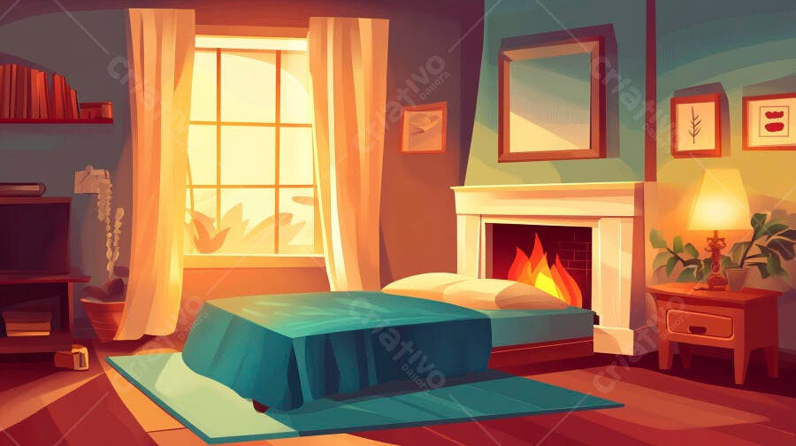 Ilustração Quarto Aconchegante Lareira Janela Ensolarada
