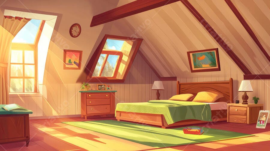 Quarto Aconchegante Sótão Iluminação Solar Desenho Animado