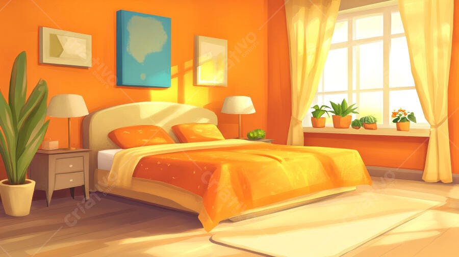 Quarto com Cama de Casal Decoração Laranja e Amarelo Ilustração
