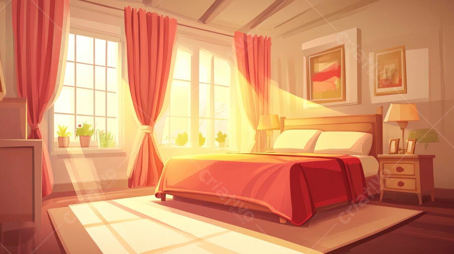 Quarto com Cama Vermelha e Janelas Ensolaradas Ilustração