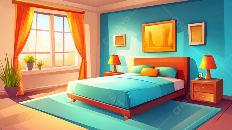 Quarto Moderno Ilustração Cama Azul Laranja Janela Grande