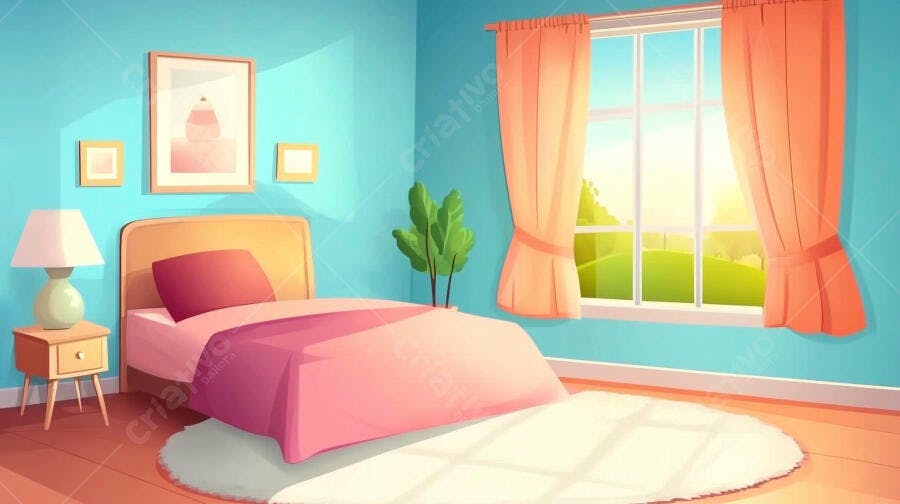 Quarto Infantil Ilustração Desenho Animado Cama Rosa Azul