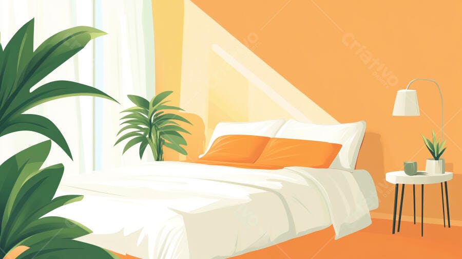 Ilustração Quarto Minimalista Cama Branca Laranja Plantas