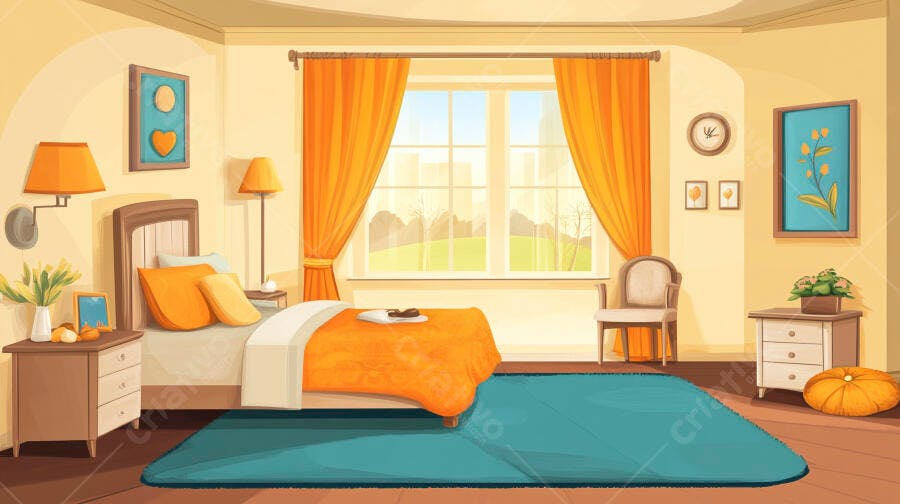 Ilustração Quarto Aconchegante Cama Laranja Janela Aberta