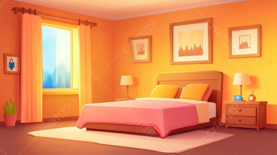 Quarto de Casal Iluminado com Cama Rosa e Decoração Aconchegante