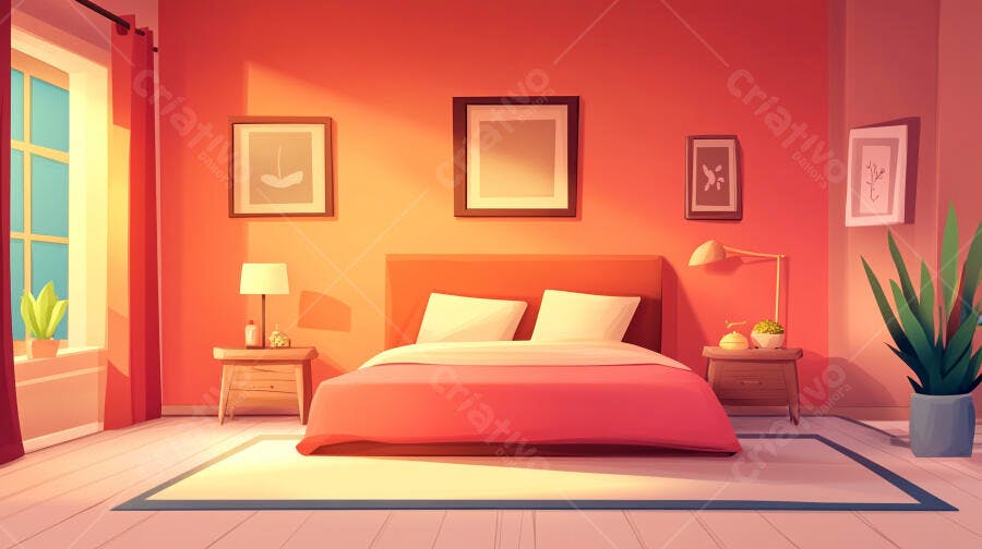 Quarto de Casal Minimalista Cama Vermelha Ilustração