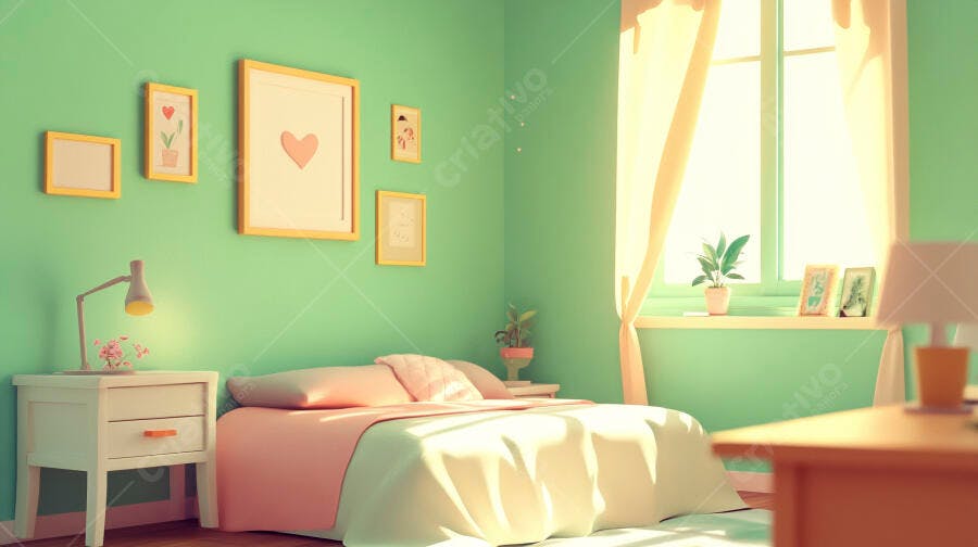 Foto Quarto Aconchegante Decoração Minimalista Verde e Rosa Claro