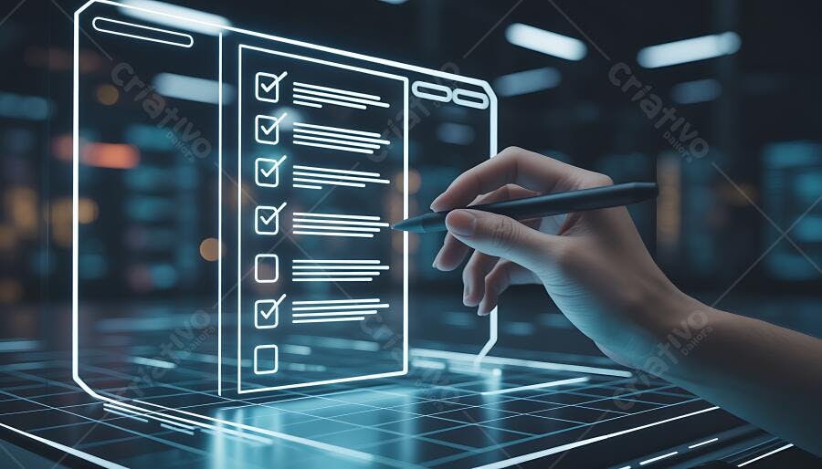 Mão feminina marcando itens em checklist digital futurista