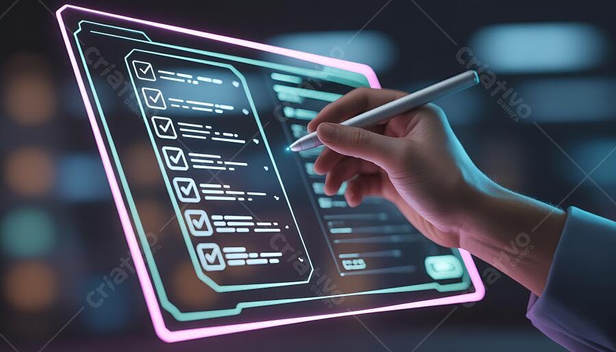 Foto Mão Marcando Checklist Digital Tela Holográfica Tecnologia
