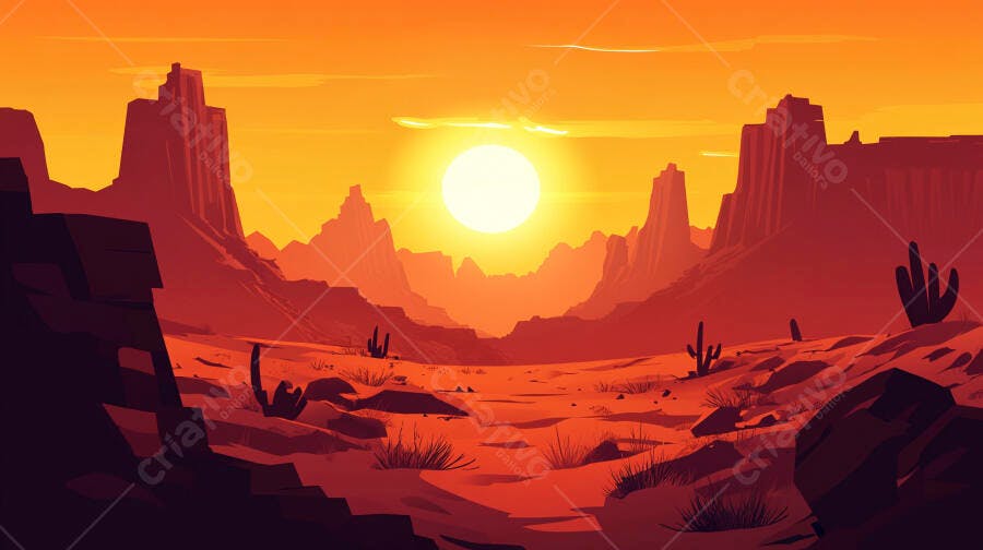 Ilustração Pôr do Sol Deserto Cactos Montanhas Estilo Cartoon