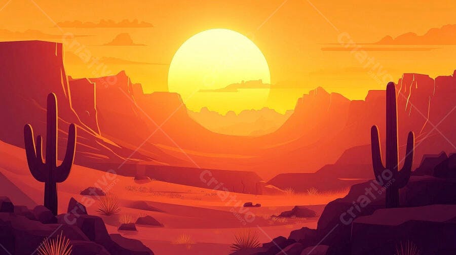 Ilustração Pôr do Sol Deserto Cactos Montanhas Tons Laranja