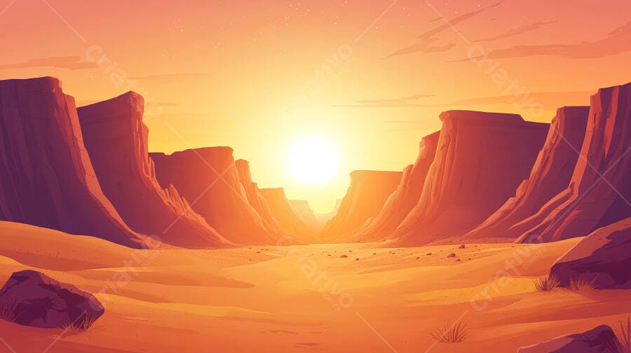 Ilustração Deserto Canyon Sol Nascente Pôr do Sol Vazio