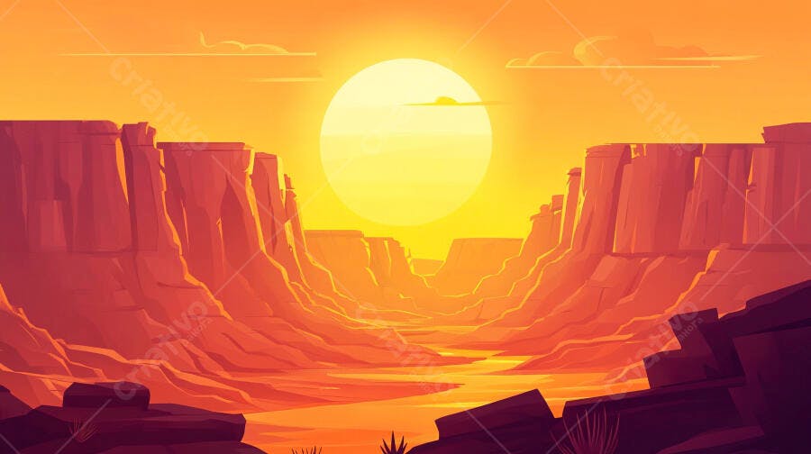 Ilustração Deserto Canyon Sol Nascente Pôr do Sol Laranja