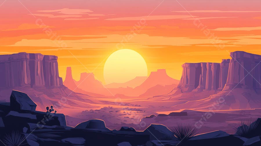 Ilustração Pôr do Sol Deserto Cânions Montanhas Laranja Roxo