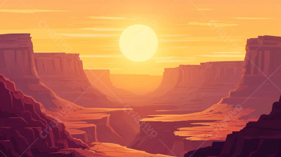 Ilustração Canyon Deserto Pôr do Sol Laranja Dourado