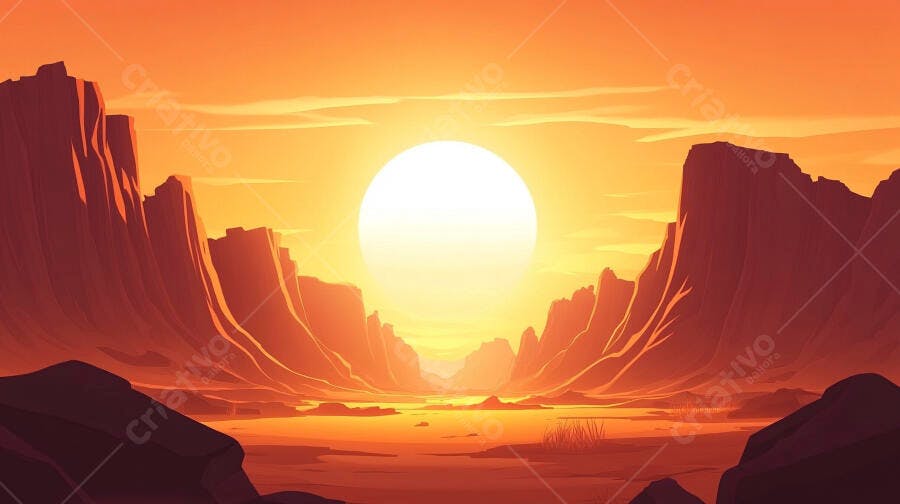 Pôr do Sol Vale Deserto Montanhas Laranja Ilustração Vetorial