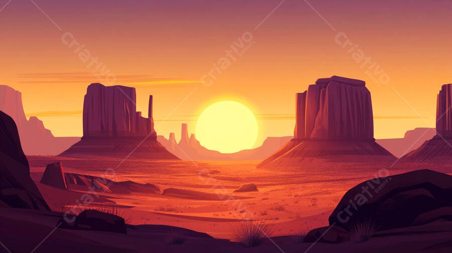 Ilustração Deserto Pôr do Sol Cânions Montanhas Oeste Americano