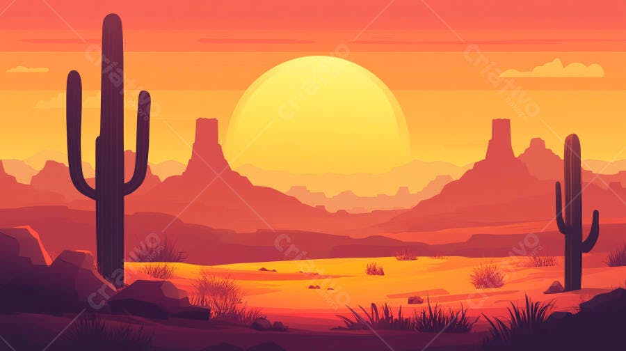 Ilustração Deserto Cactos Pôr do Sol Cores Quentes
