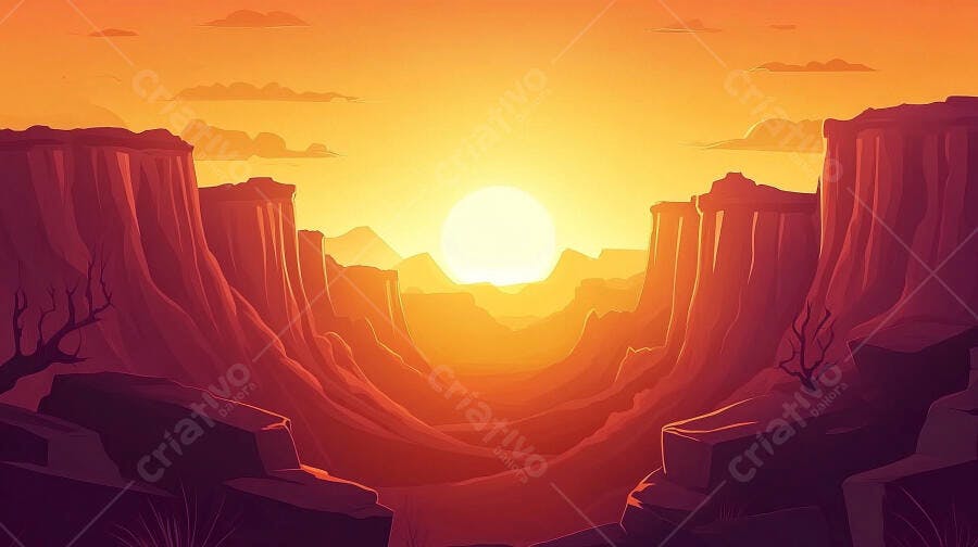 Ilustração Canyon Deserto Pôr do Sol Laranja e Roxo