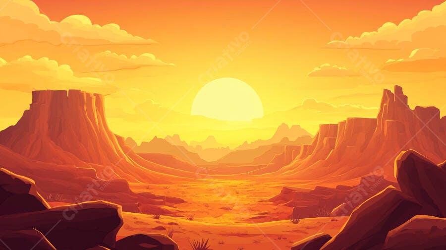 Pôr do sol no deserto americano com mesas rochosas e céu laranja