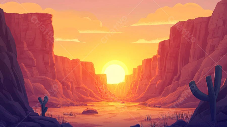 Cânion Deserto Pôr do Sol Cactos Cenário Oeste Selvagem