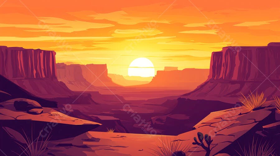 Ilustração Pôr do Sol Deserto Cânion Paisagem Laranja Roxa