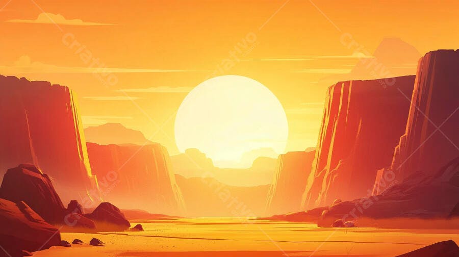 Ilustração Pôr do Sol Deserto Cânions Laranja Amarelo