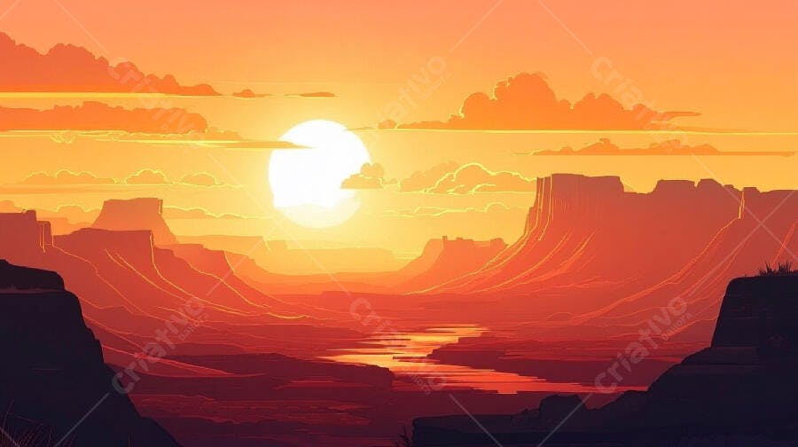 Pôr do Sol Vale Deserto Pixel Art Rio Laranja