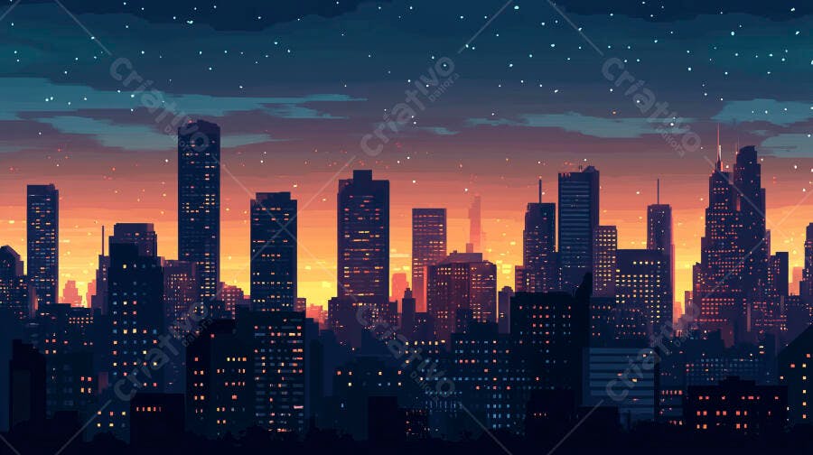 Ilustração Cidade Noturna Pixel Art Arranha-Céus Pôr do Sol