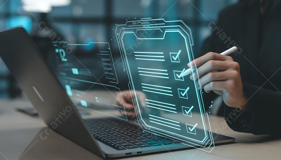 Foto Mão Interagindo Holograma Checklist Notebook Tecnologia