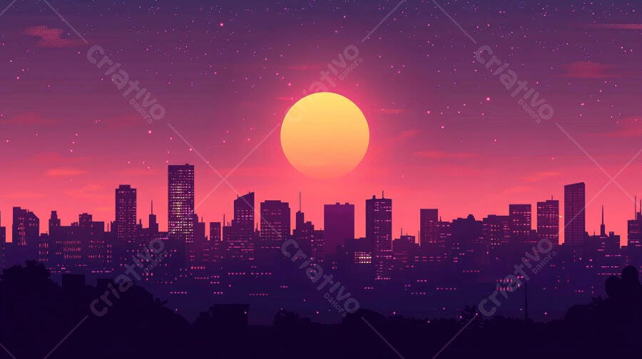 Silhueta de arranha-céus na cidade com grande lua e céu estrelado rosa