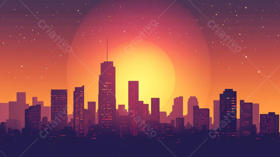 Ilustração Cidade Arranha-Céus Pôr do Sol Noturno Estrelado
