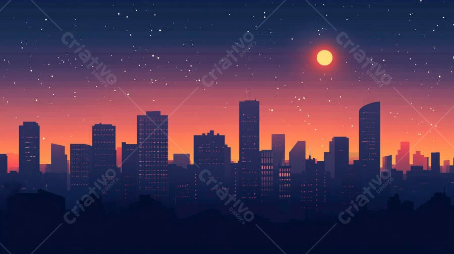 Ilustração Cidade Noturna Pôr do Sol Estrelas Céu Roxo