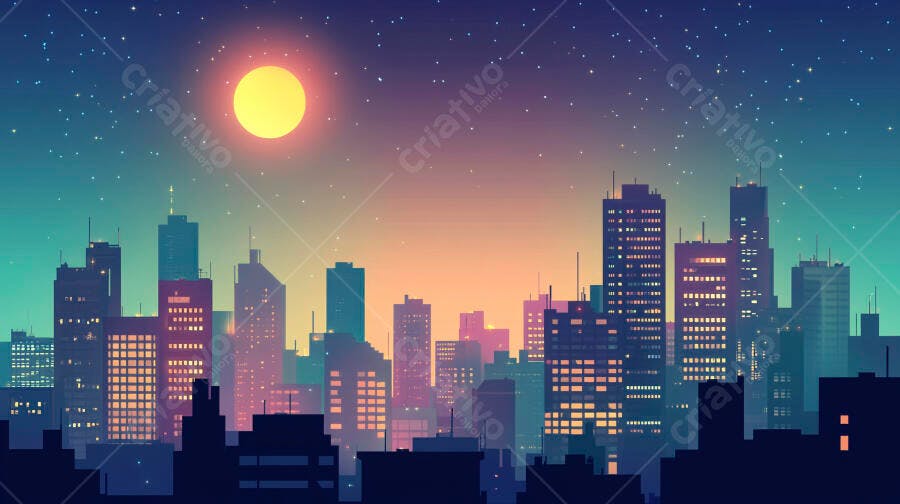 Ilustração Cidade Noturna Pôr do Sol Estrelas Céu Gradiente