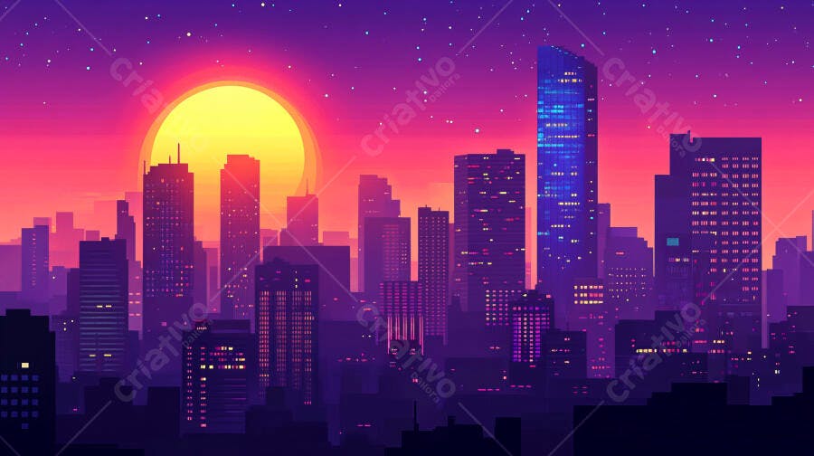Pôr do Sol Cidade Pixel Art Retrô Neon Urbano