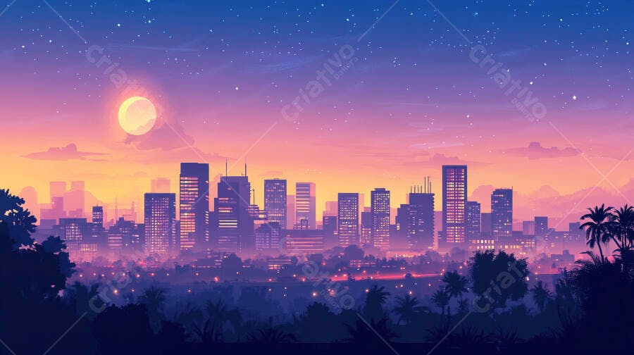 Cidade Noturna Iluminada Céu Estrelado Lua Cheia Ilustração