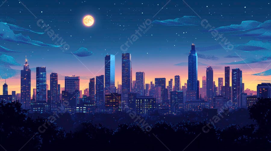 Ilustração Cidade Noturna Arranha-Céus Lua Cheia Estrelas