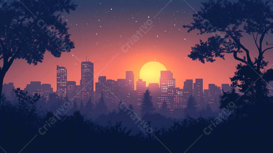 Ilustração Pôr do Sol Cidade Silhueta Urbana Noturna