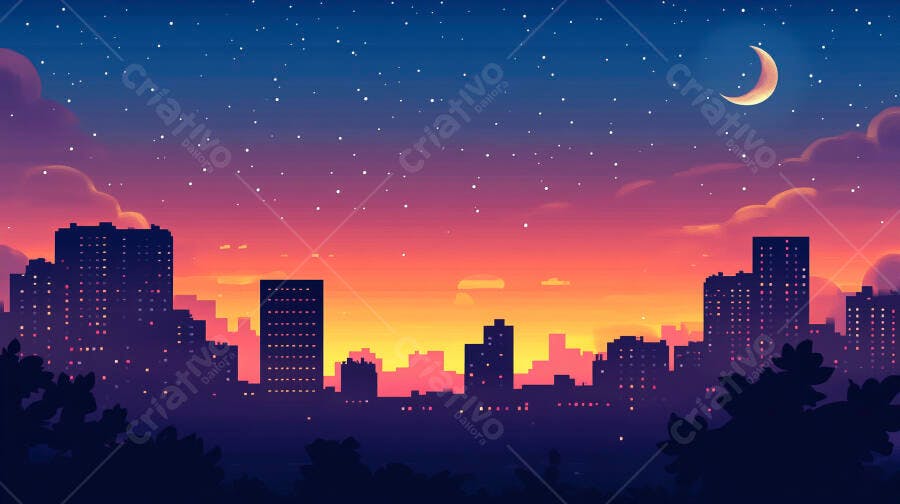 Ilustração Cidade Noturna Céu Estrelado Lua Crescente Pôr do Sol