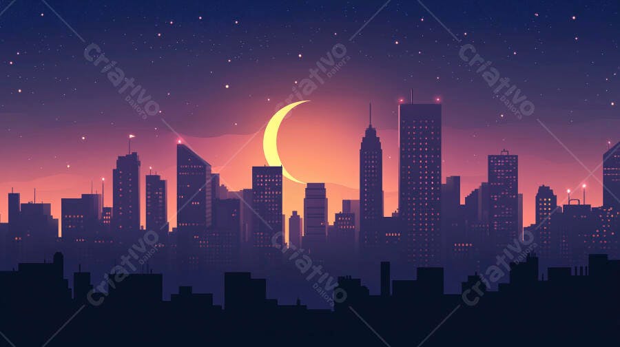 Ilustração Cidade Noturna Lua Crescente Estrelas Pôr do Sol