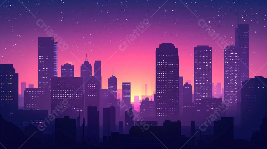 Ilustração Cidade Noturna Neon Retrowave Pôr do Sol