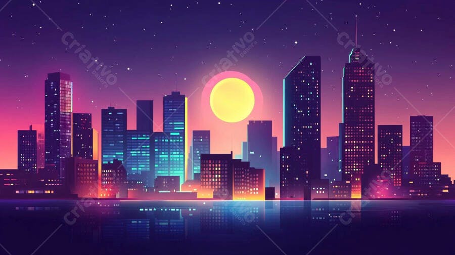 Ilustração Cidade Noturna Retrowave com Sol Neon e Estrelas
