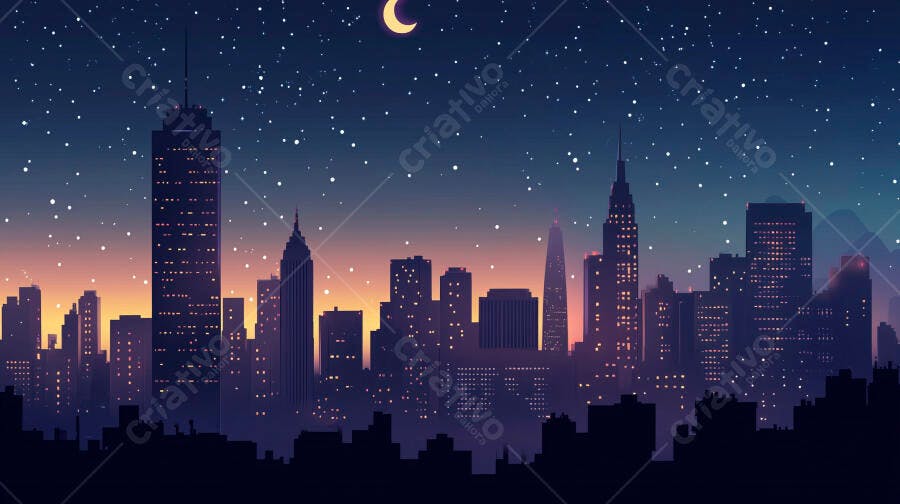 Ilustração Cidade Noturna Céu Estrelado Lua Crescente