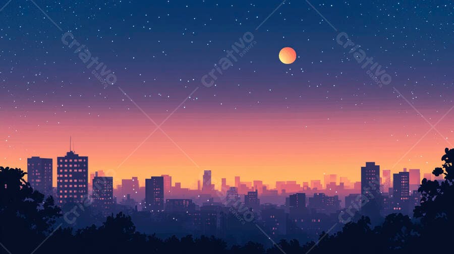 Paisagem Urbana Noturna Céu Estrelado Lua Cheia Pôr do Sol
