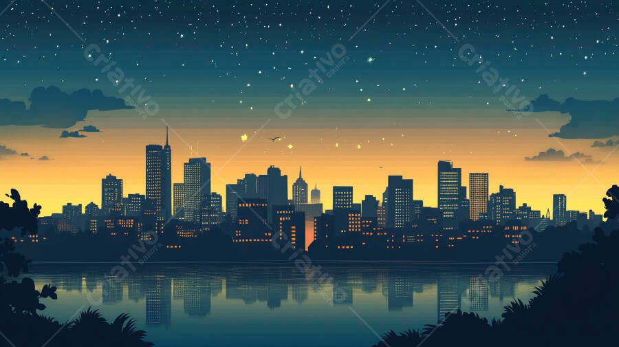 Ilustração Cidade Noturna Rio Estrelado Pôr do Sol