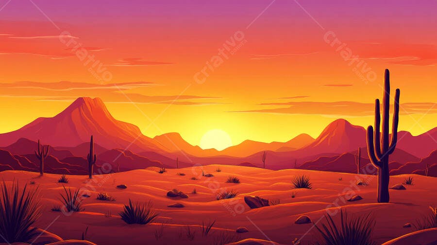 Ilustração Deserto Cactos Pôr do Sol Cores Vibrantes