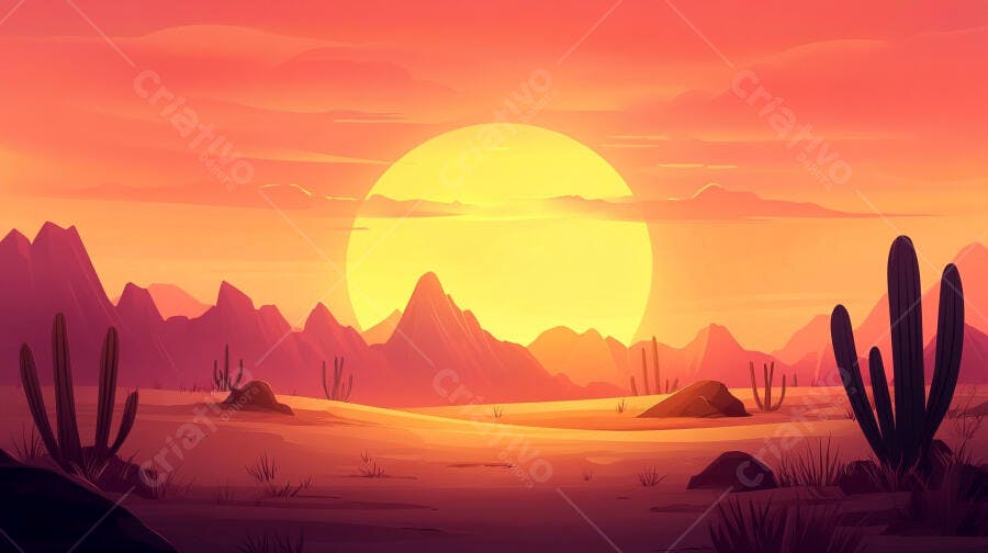 Ilustração Pôr do Sol Deserto Cactos Montanhas Tons Laranja